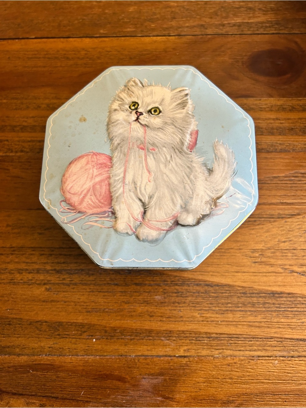 Vintage Blue Cat Tin with Pink Yarn Illustration